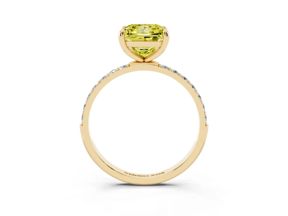 Fancy Yellow Princess Cut Diamond Solitaire Ring with Round Pavé Band and Prong Setting Yellow gold
