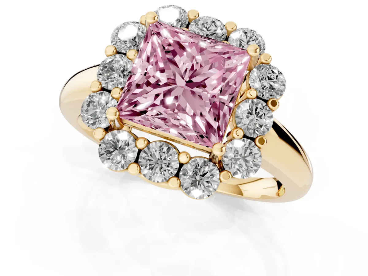Fancy Pink Princess Cut Halo Milgrain Solitaire with Bezel Set Side Stones and Pave Band Yellow gold