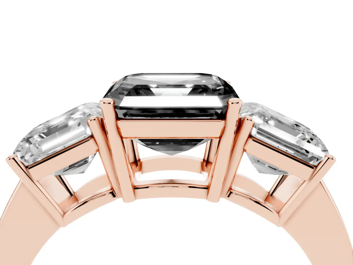 Fancy Black Three-Stone Asscher Cut Cut Diamond Engagement Ring with Flat Band and Four-Prong Setting Rose gold