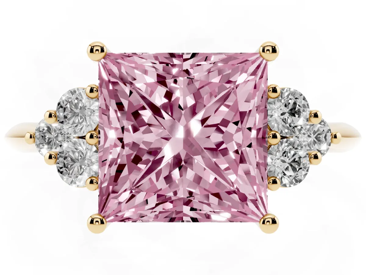 Fancy Pink Princess Cut Cut Diamond Cluster Ring with Solitaire Band and Four-Prong Setting Yellow gold