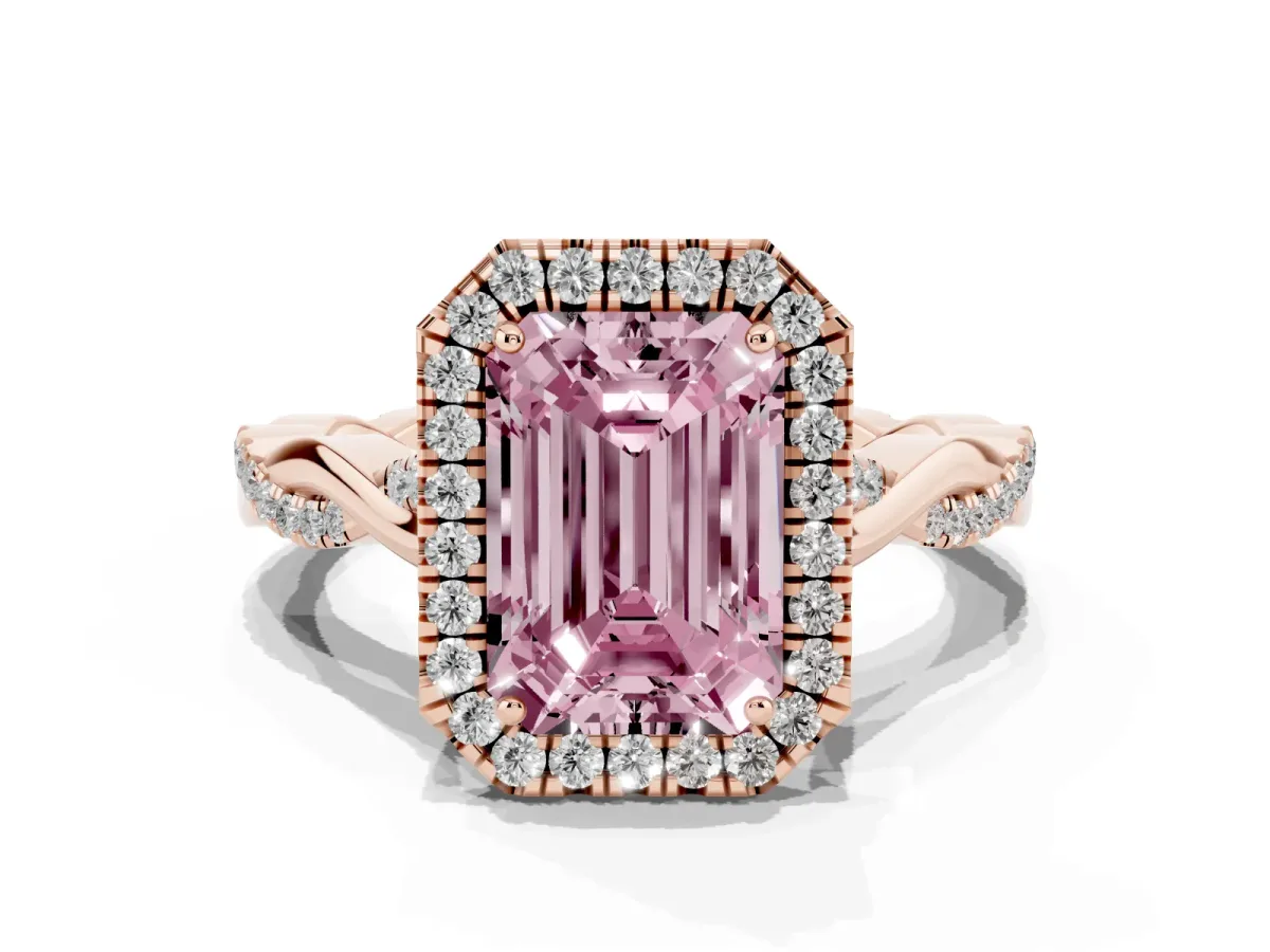 Fancy Pink Emerald Cut Halo Twist Band Solitaire Ring Rose gold