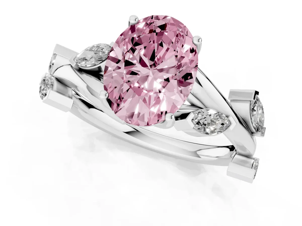 Fancy Pink Oval Cut Solitaire Twisted Band Marquise Accent Prong Setting Ring Silver