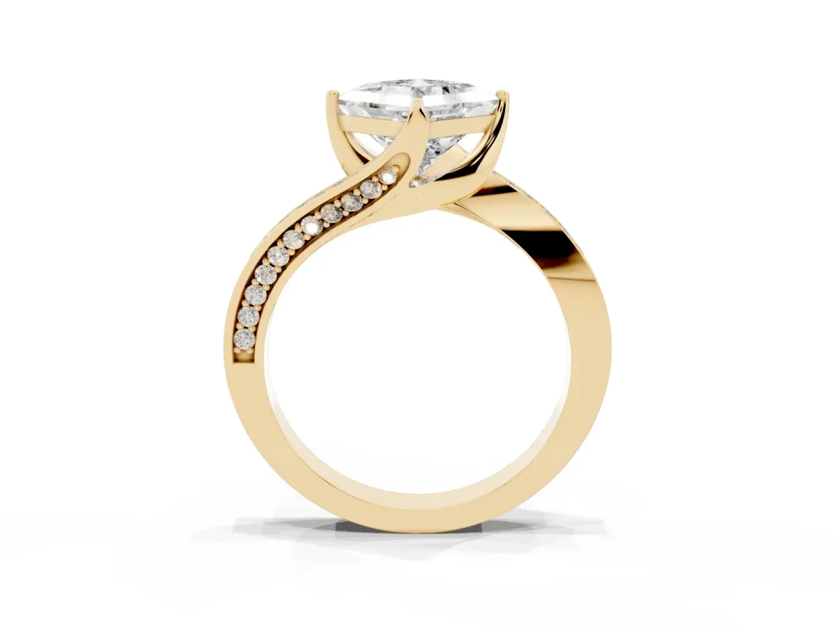 Princess Cut Solitaire Diamond Twist Band with Pavé Setting and Four-Prong Setting Yellow gold