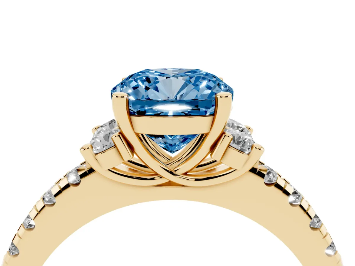 Fancy Blue Cushion Cut Diamond Three-Stone Pave Band with Four-Prong Setting Yellow gold