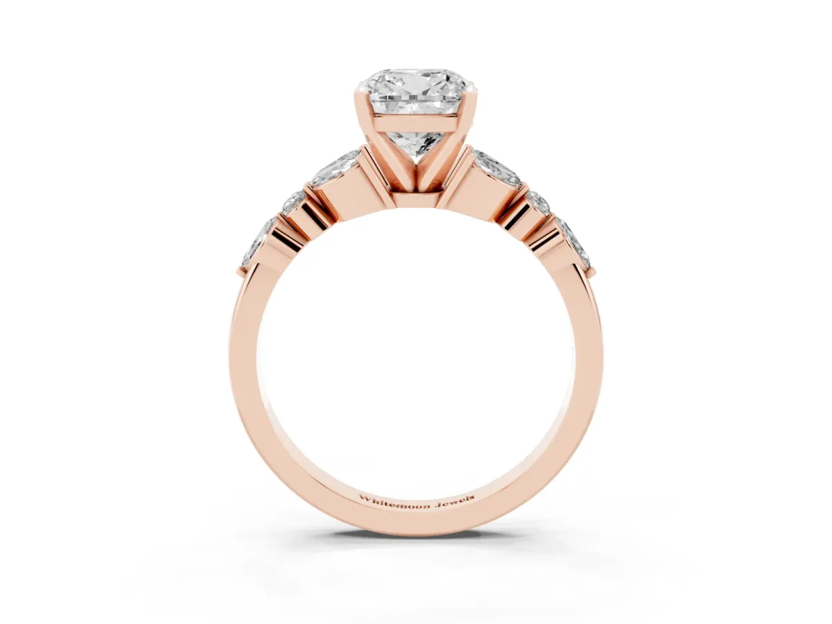 Cushion Cut Diamond Solitaire Ring with Side Stones and Four-Prong Setting Rose gold