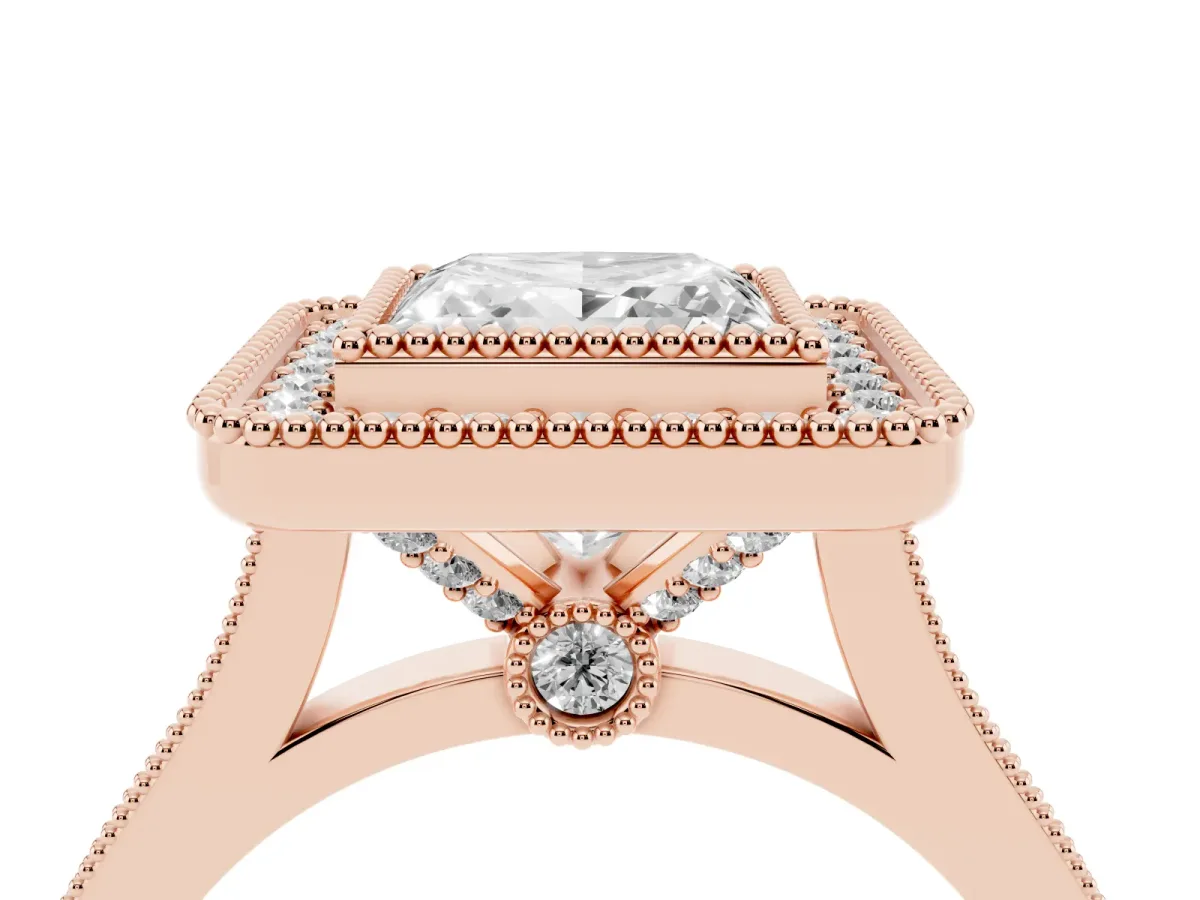 Princess Cut Diamond Halo Ring with Milgrain Frame and Pavé Band Rose gold
