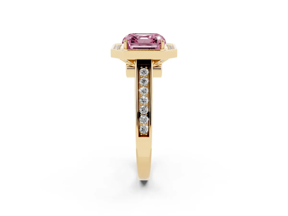 Fancy Pink Asscher Cut Halo Solitaire Diamond Ring with Pave Band and Bezel Setting Yellow gold