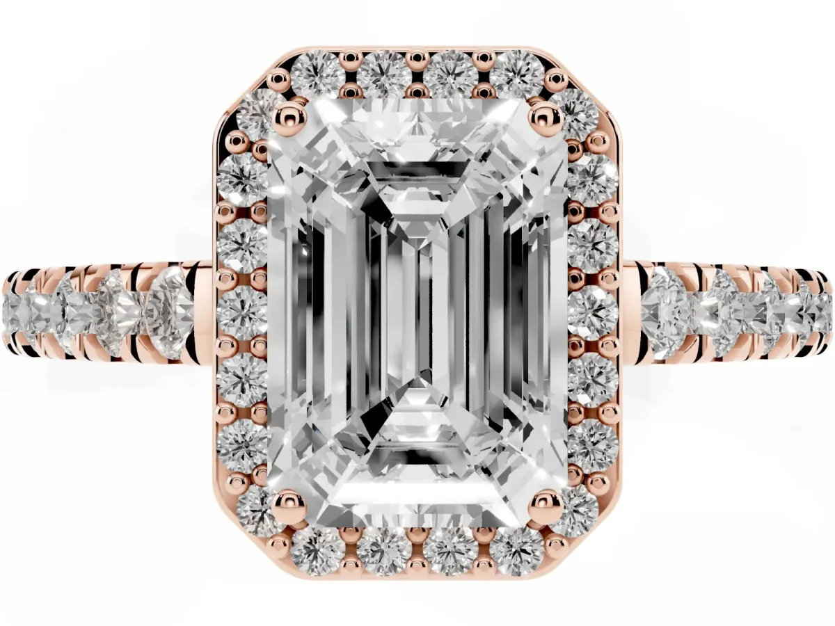Emerald Cut Cut Halo Diamond Engagement Ring with Pave Band and Four-Prong Setting Rose gold