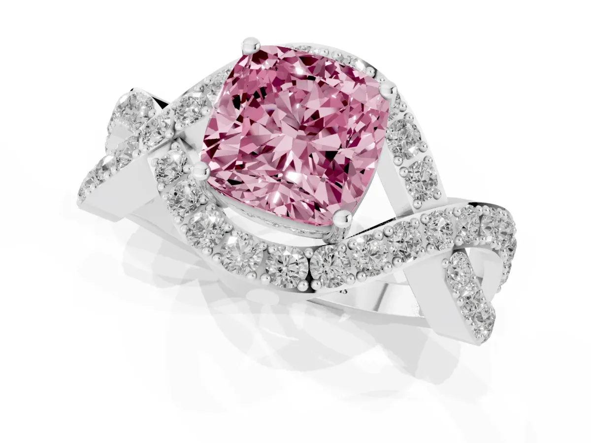 Fancy Pink Cushion Cut Solitaire Twist Band Pavé Diamond Engagement Ring Silver