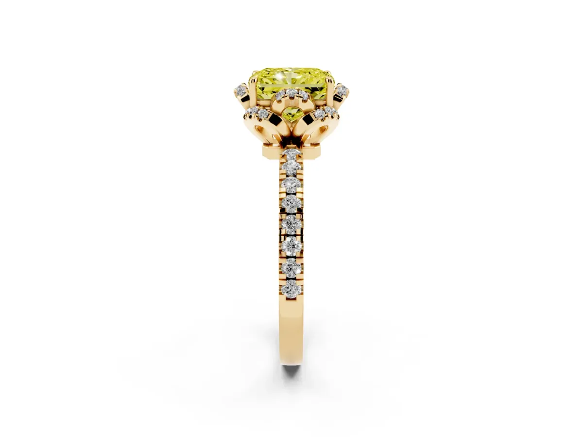 Fancy Yellow Radiant Cut Halo Diamond Pave Band Ring with Four-Prong Setting Yellow gold