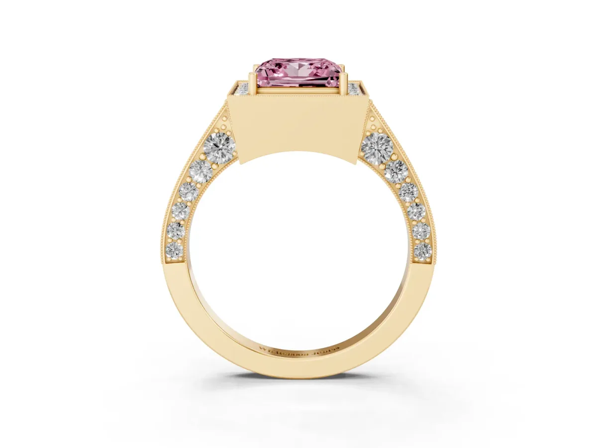 Fancy Pink Princess Cut Halo Diamond Engagement Ring with Split Shank Band and Four-Prong Setting Yellow gold