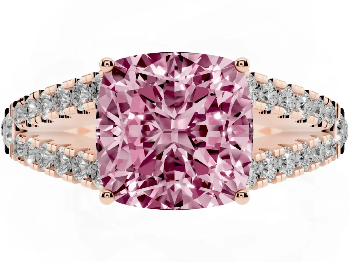 Fancy Pink Cushion Cut Diamond Split Shank Engagement Ring with Round Pavé and Prong Setting Rose gold