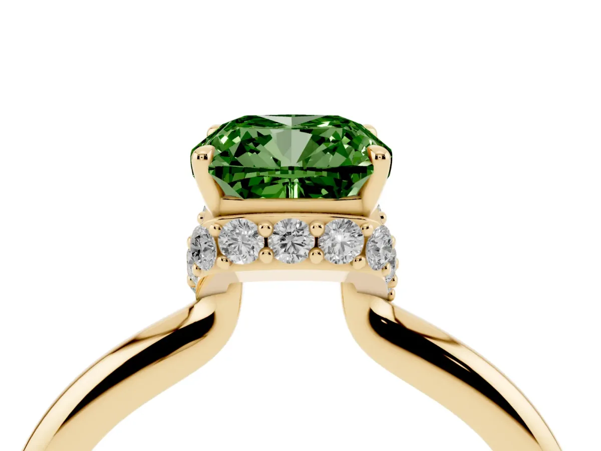 Fancy Green Cushion Cut Brilliant Solitaire Engagement Ring with Six-Prong Setting and Classic Band Yellow gold
