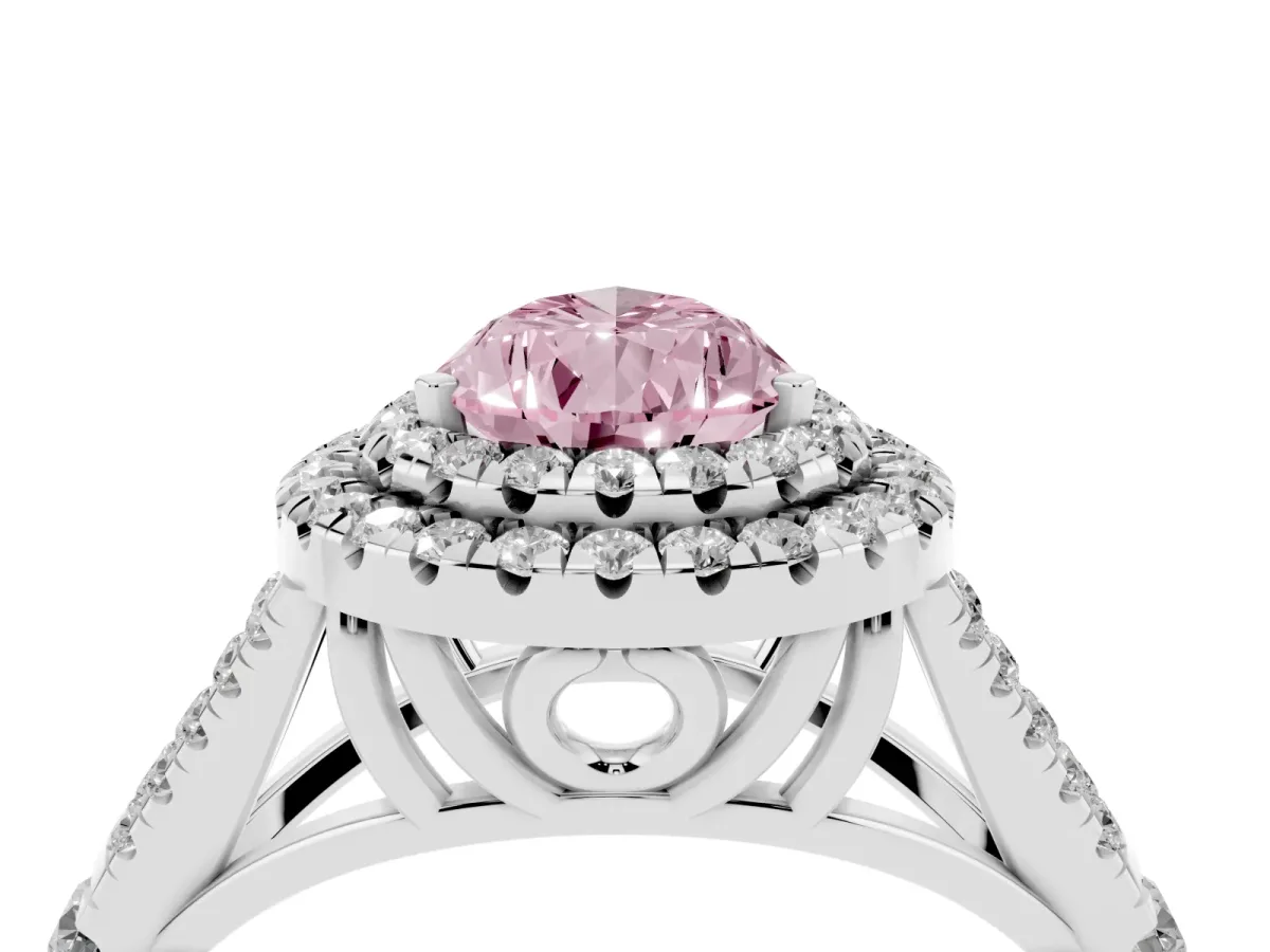 Fancy Pink Pear Cut Diamond Double Halo Ring with Split Shank and Prong Setting Platinum