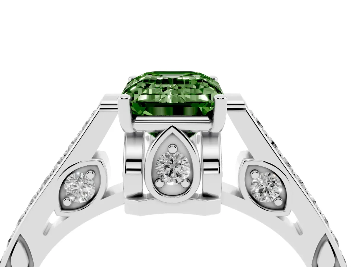 Fancy Green Emerald Cut Cut Cathedral Pave Diamond Engagement Ring with Six-Prong Setting Silver