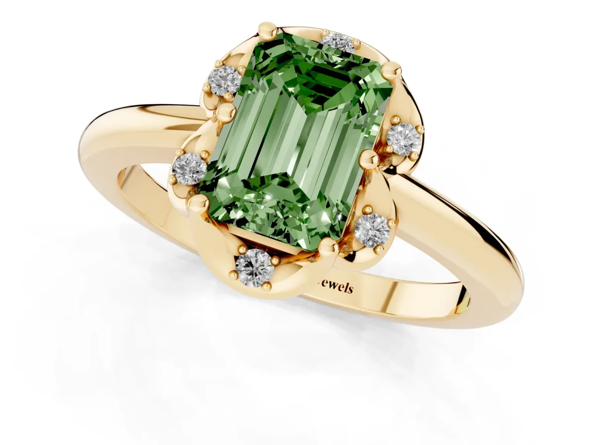 Fancy Green Emerald Cut Halo Diamond Ring with Round Cluster Setting, Solitaire Band, and Four-Prong Setting Yellow gold
