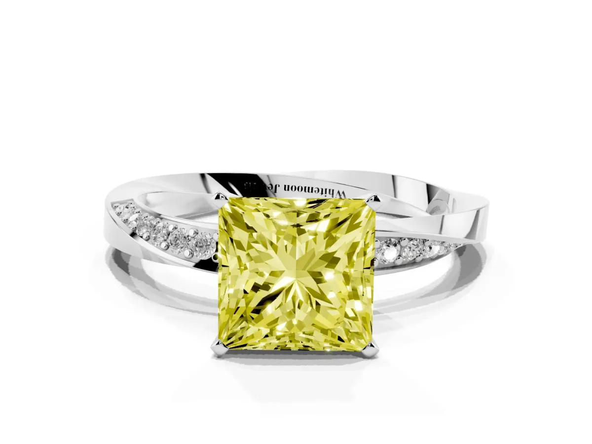 Fancy Yellow Princess Cut Diamond Engagement Ring with Side Stone Accents and Four-Prong Setting Silver
