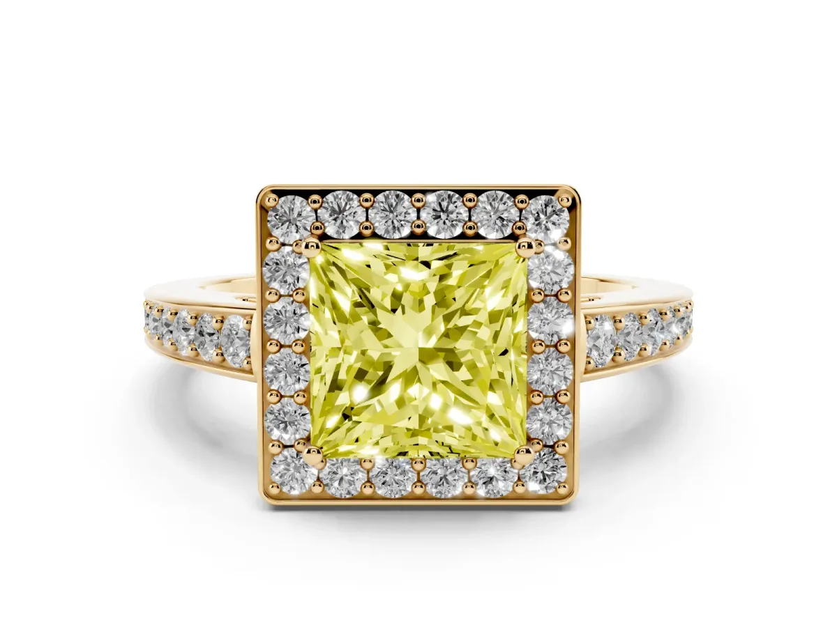 Fancy Yellow Princess Cut Halo Pavé Diamond Engagement Ring with Bezel Setting Yellow gold