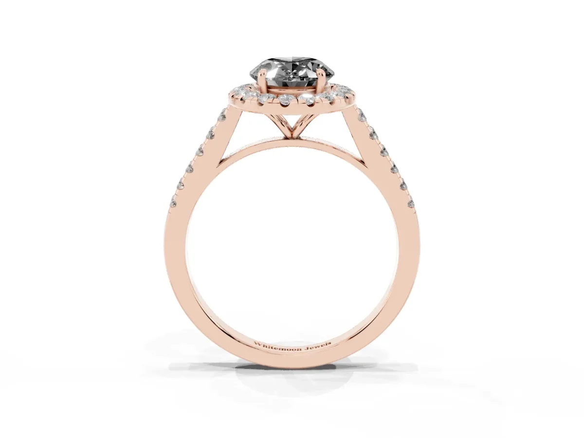 Fancy Black Oval Cut Halo Pave Diamond Engagement Ring with Four-Prong Setting Rose gold
