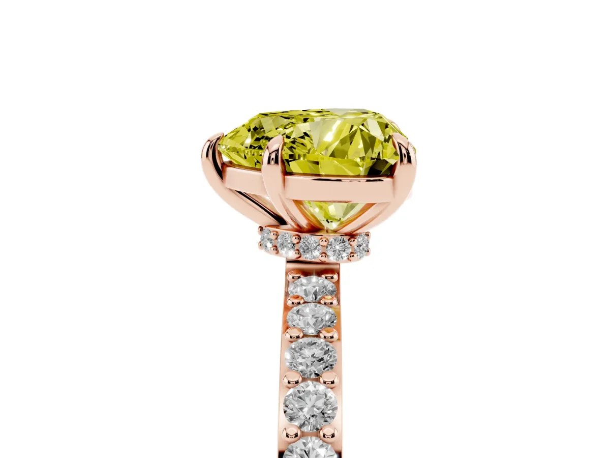 Fancy Yellow Heart Cut Diamond Pavé Engagement Ring with Round Accents and Prong Setting Rose gold