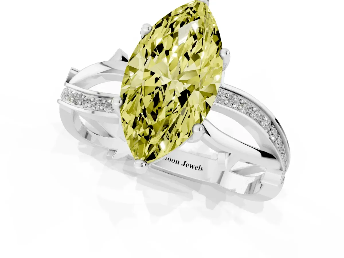 Fancy Yellow Marquise Cut Solitaire Twist Band with Pavé Accents and Four-Prong Setting Silver
