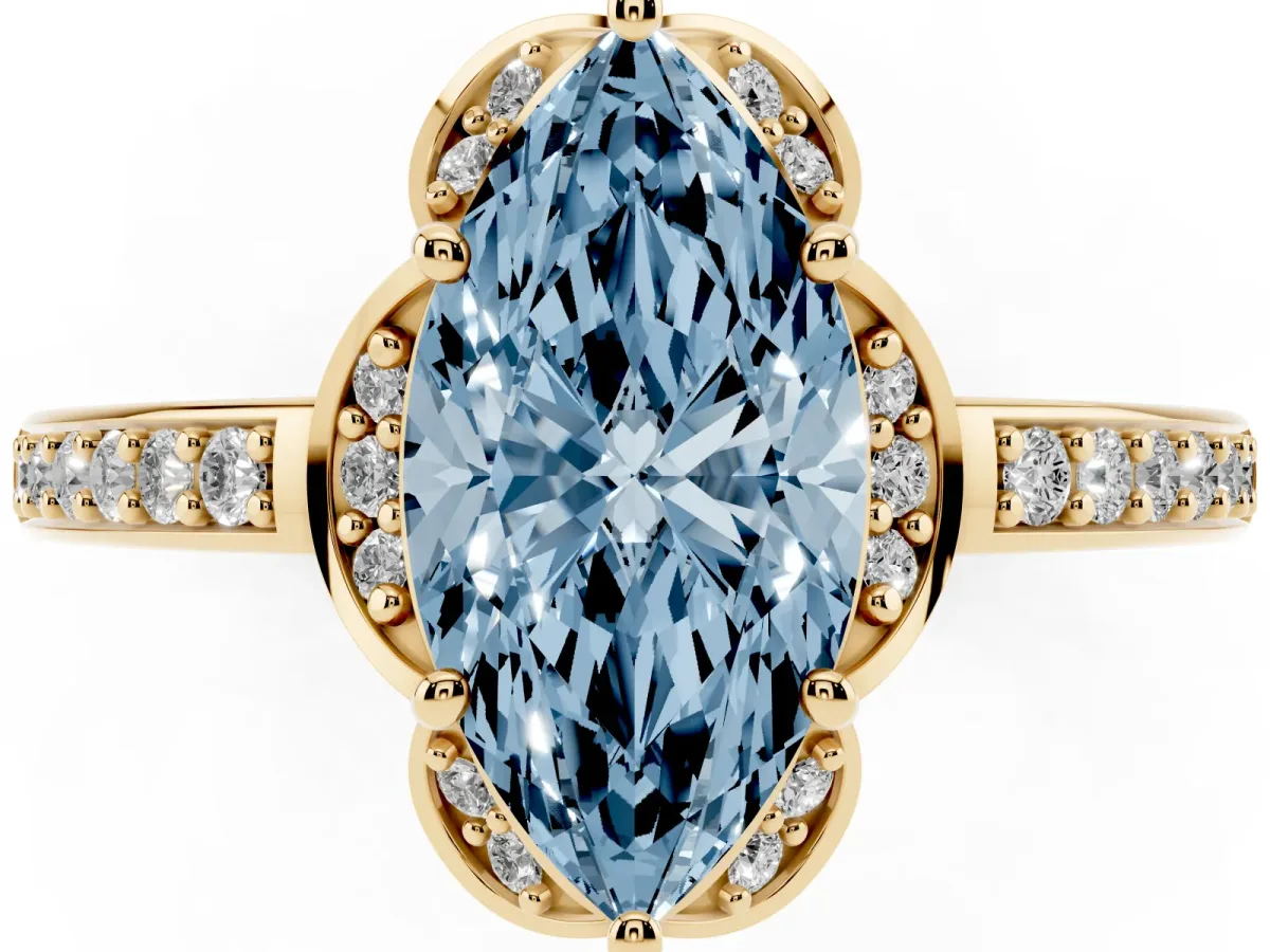 Fancy Blue Marquise Cut Cut Halo Diamond Ring with Channel Set Band and Four-Prong Setting Yellow gold