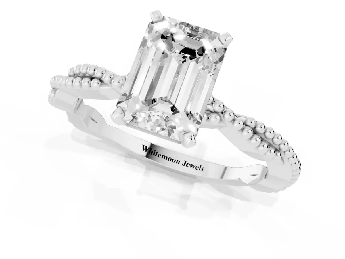 Emerald Cut Solitaire Twisted Band with Bead Prong Setting Silver