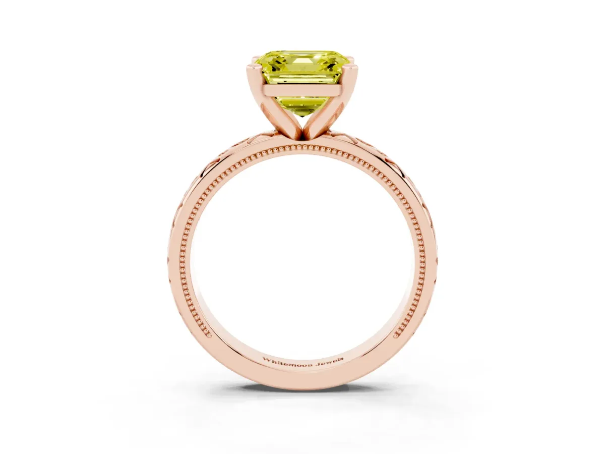 Fancy Yellow Asscher Cut Solitaire Engagement Ring with Scrollwork Band and Four-Prong Setting Rose gold