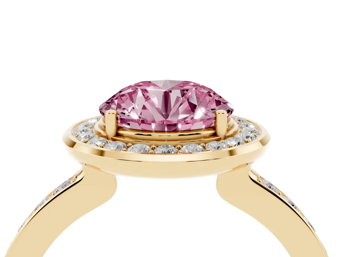 Fancy Pink Round Cut Diamond Halo Ring with Bezel Frame and Pavé Band Yellow gold