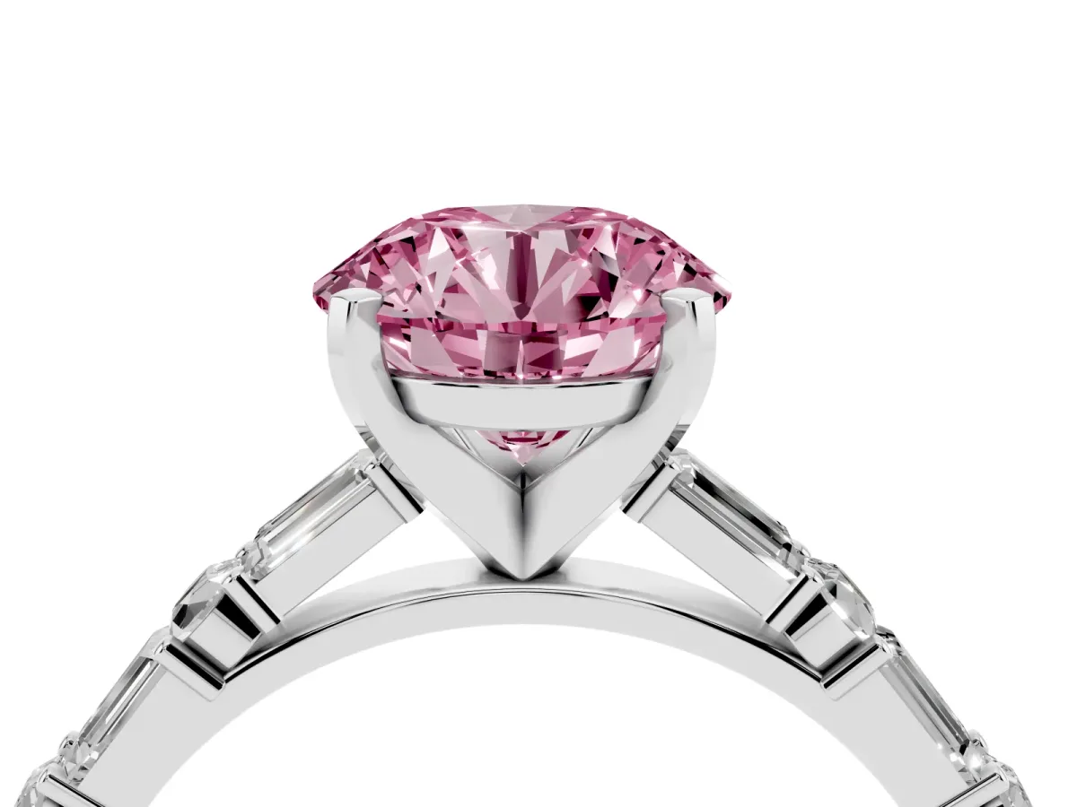 Fancy Pink Round Cut Diamond Solitaire with Side Baguettes and Channel Set Band Silver