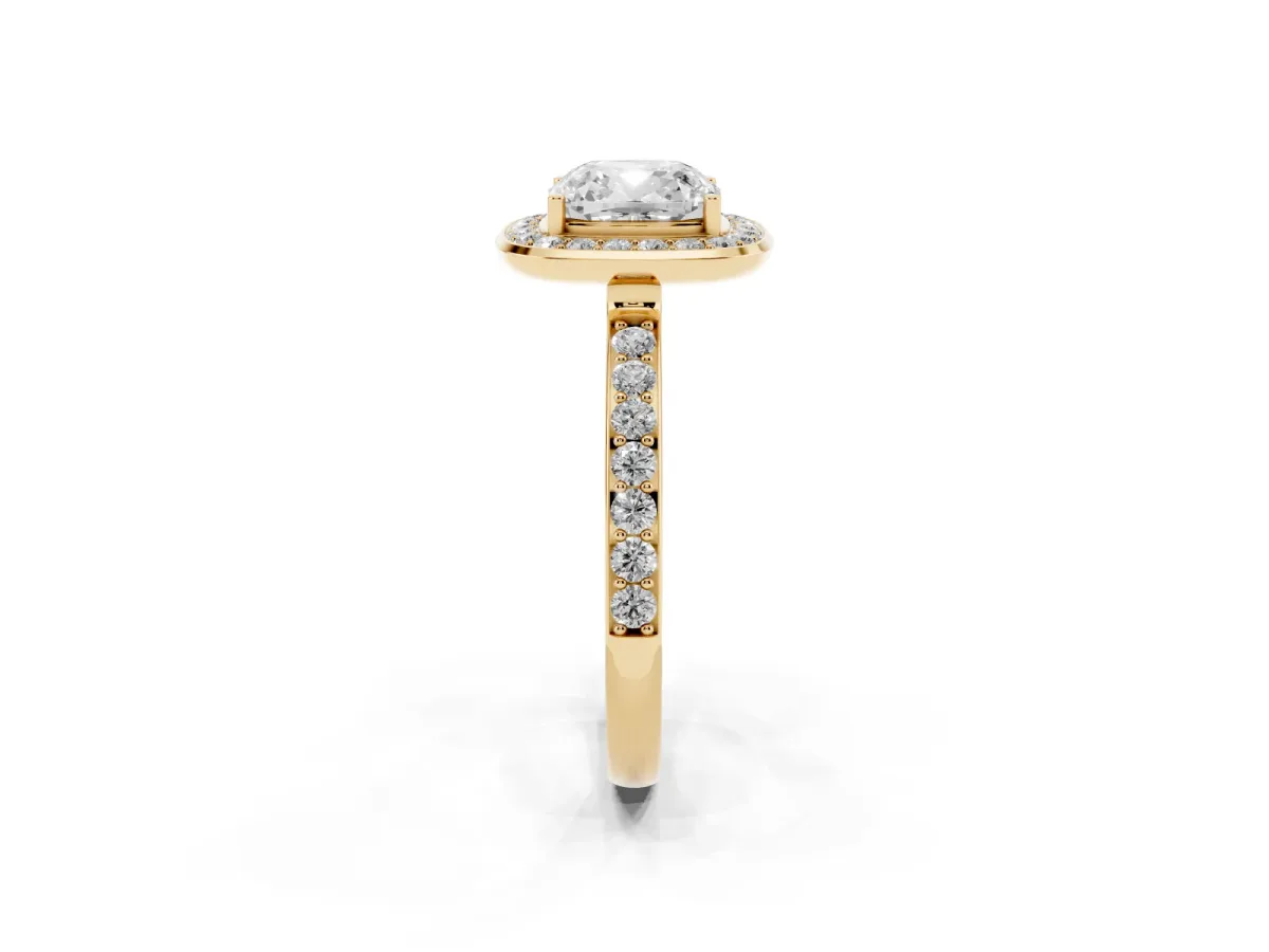 Cushion Cut Diamond Halo Ring with Bezel Frame and Pavé Band Yellow gold