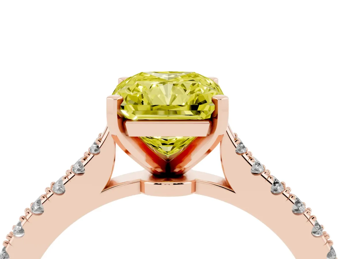 Fancy Yellow Radiant Cut Cut Solitaire Diamond Engagement Ring with Pave Band and Four-Prong Setting Rose gold
