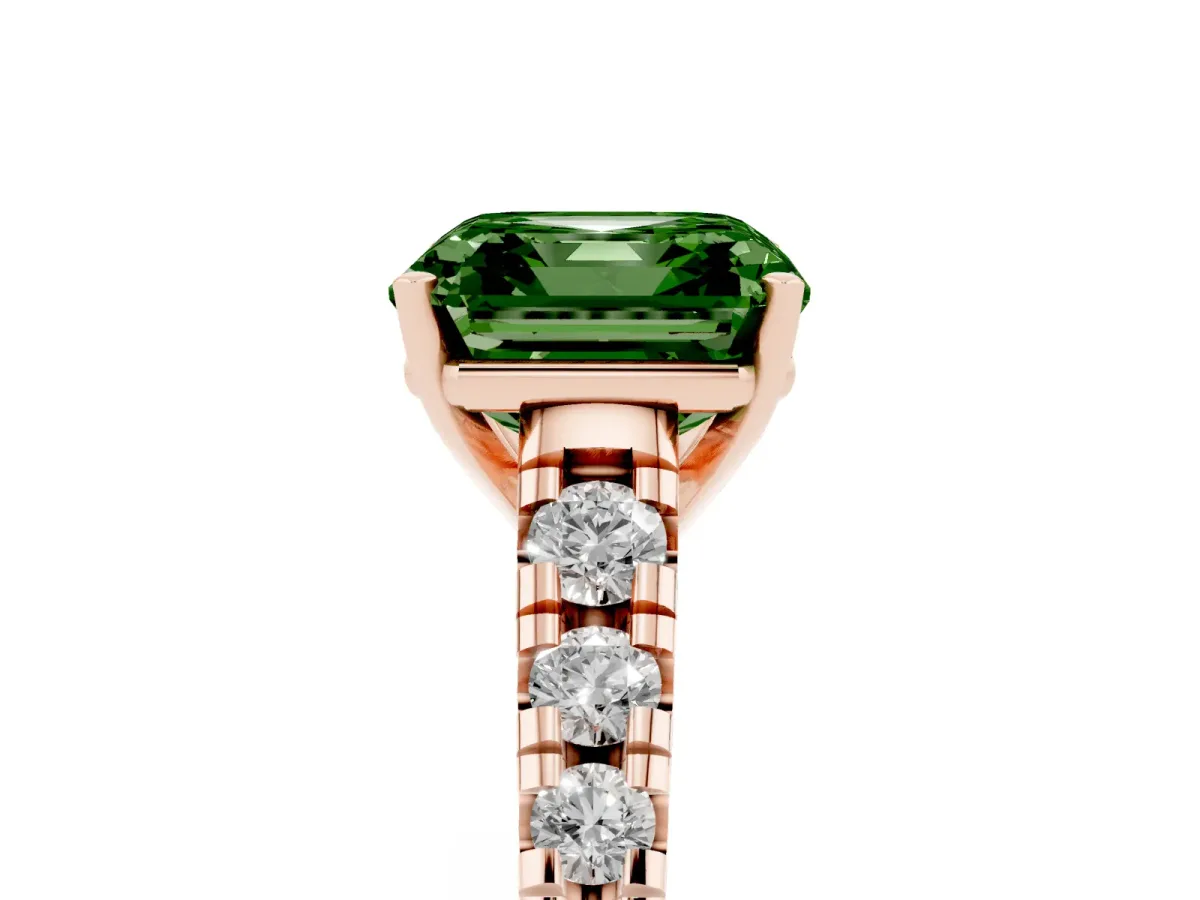 Fancy Green Asscher Cut Diamond Cathedral Solitaire Ring with Round Pavé Band Rose gold