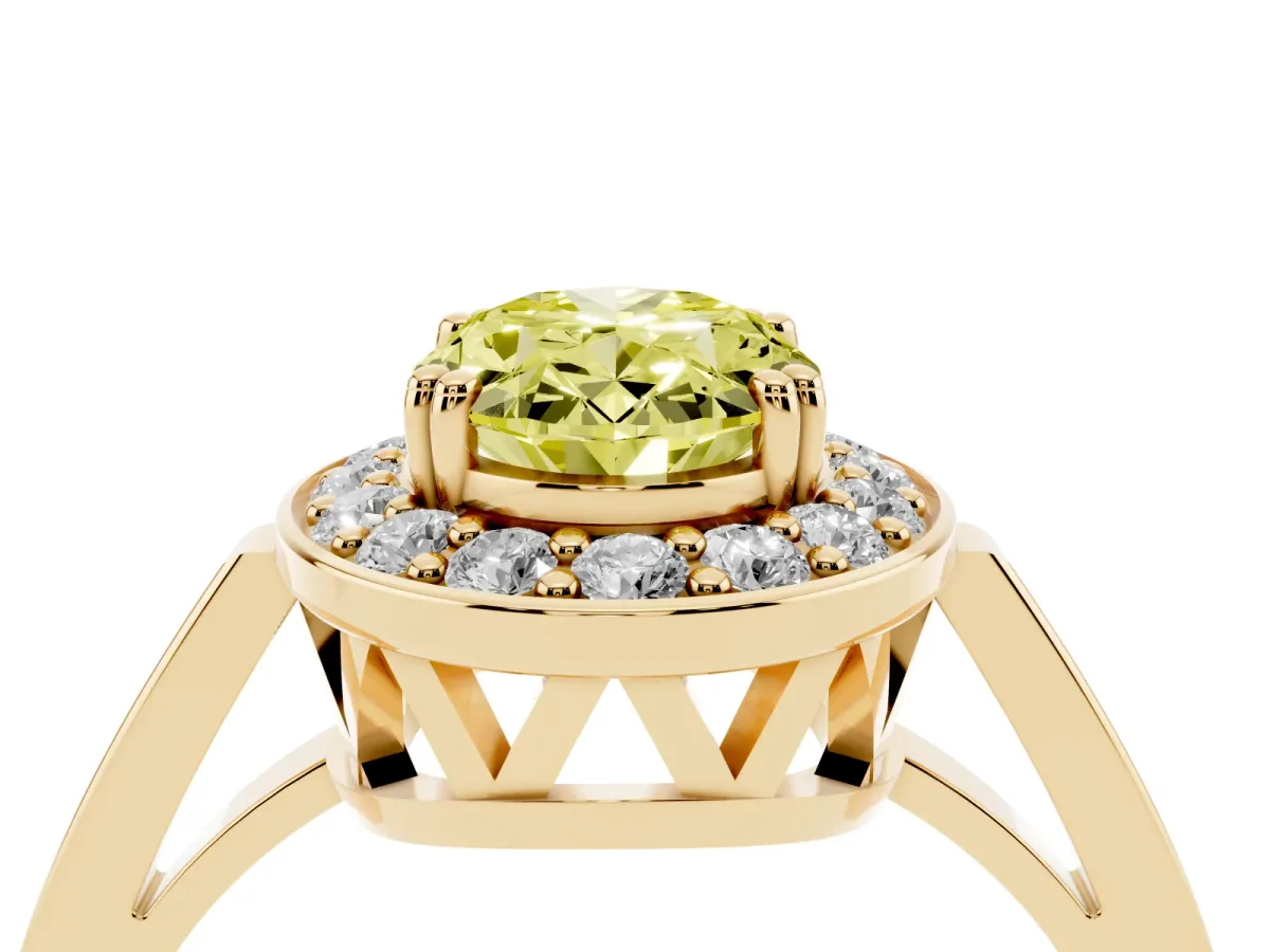 Fancy Yellow Oval Cut Diamond Halo Ring with Split Shank and Four-Prong Setting Yellow gold