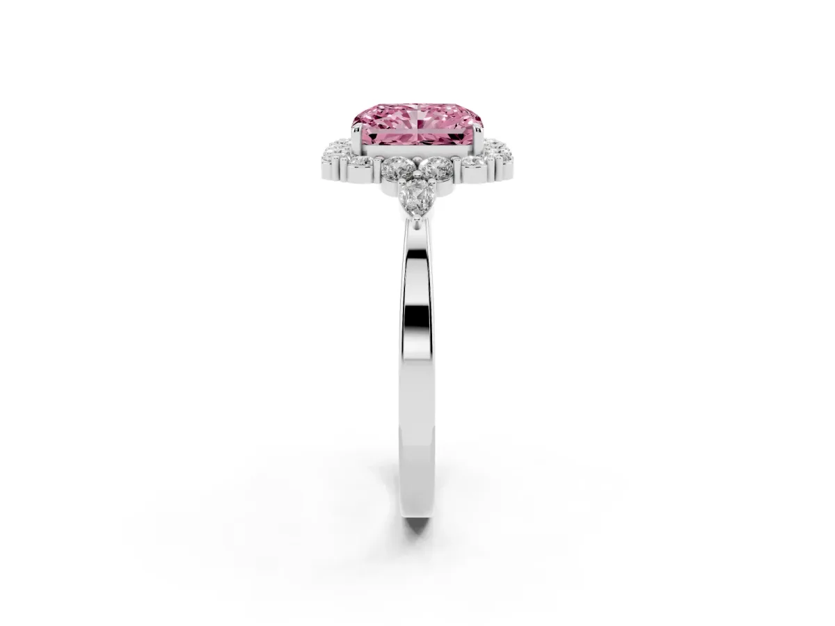 Fancy Pink Radiant Cut Diamond Halo Ring with Pear Side Stones and Prong Setting Silver