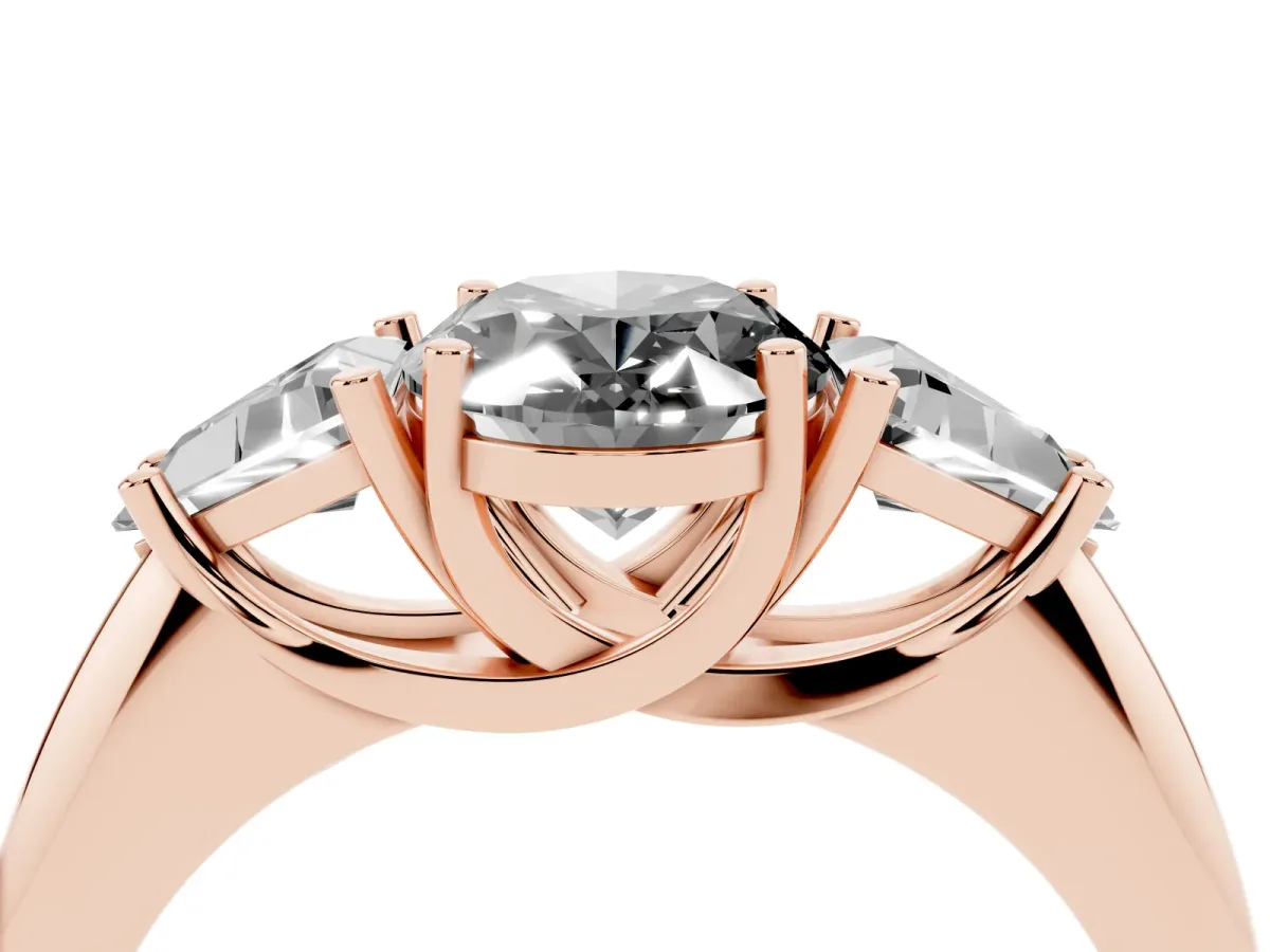 Fancy Black Three-Stone Oval Cut Diamond Engagement Ring with Trillion Side Stones and Prong Setting Rose gold