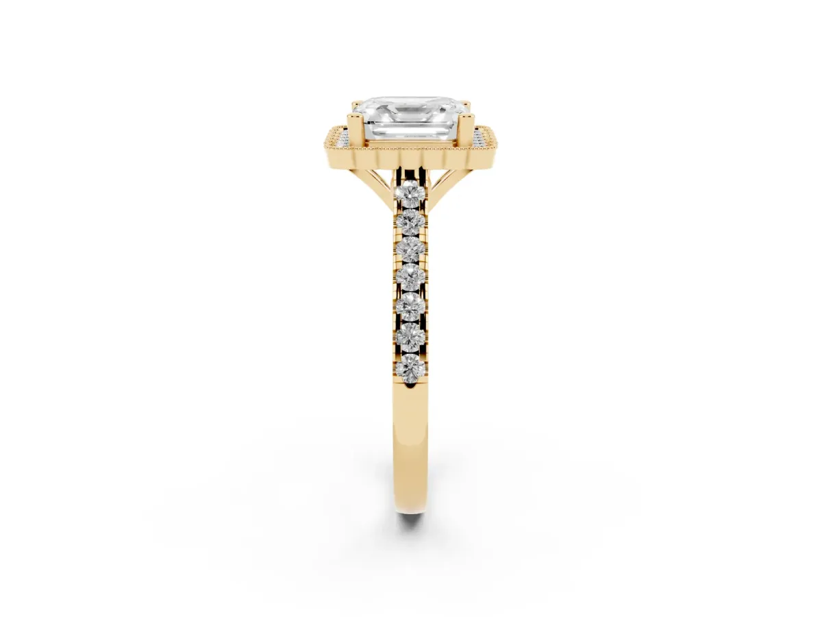 Asscher Cut Cut Diamond Milgrain Floral Halo Engagement Ring with Pavé Band Yellow gold
