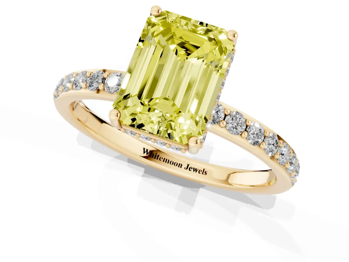 Fancy Yellow Emerald Cut Diamond Solitaire Ring with Pavé Band and Hidden Halo Yellow gold