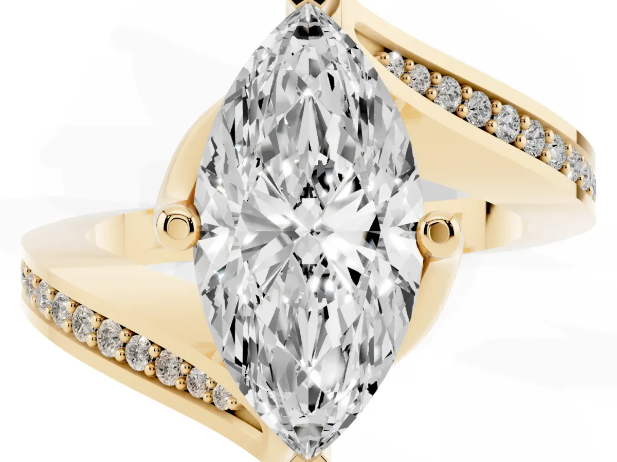 Marquise Cut Solitaire Diamond Twist Band with Pavé Setting and Four-Prong Setting Yellow gold