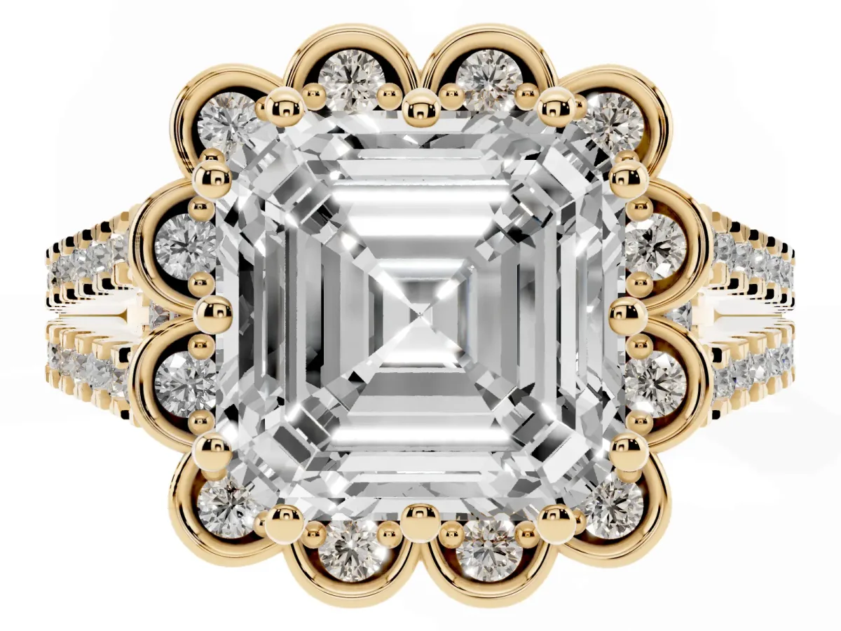 Asscher Cut Halo Diamond Floral Split Shank Engagement Ring Yellow gold