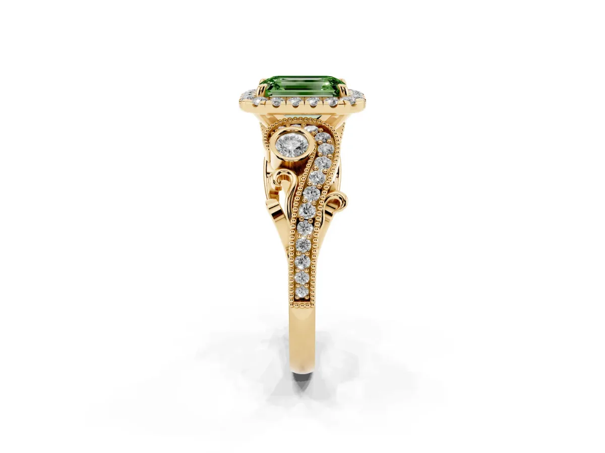 Fancy Green Emerald Cut Halo Diamond Ring with Milgrain and Bezel Accents on a Split Shank Band Yellow gold
