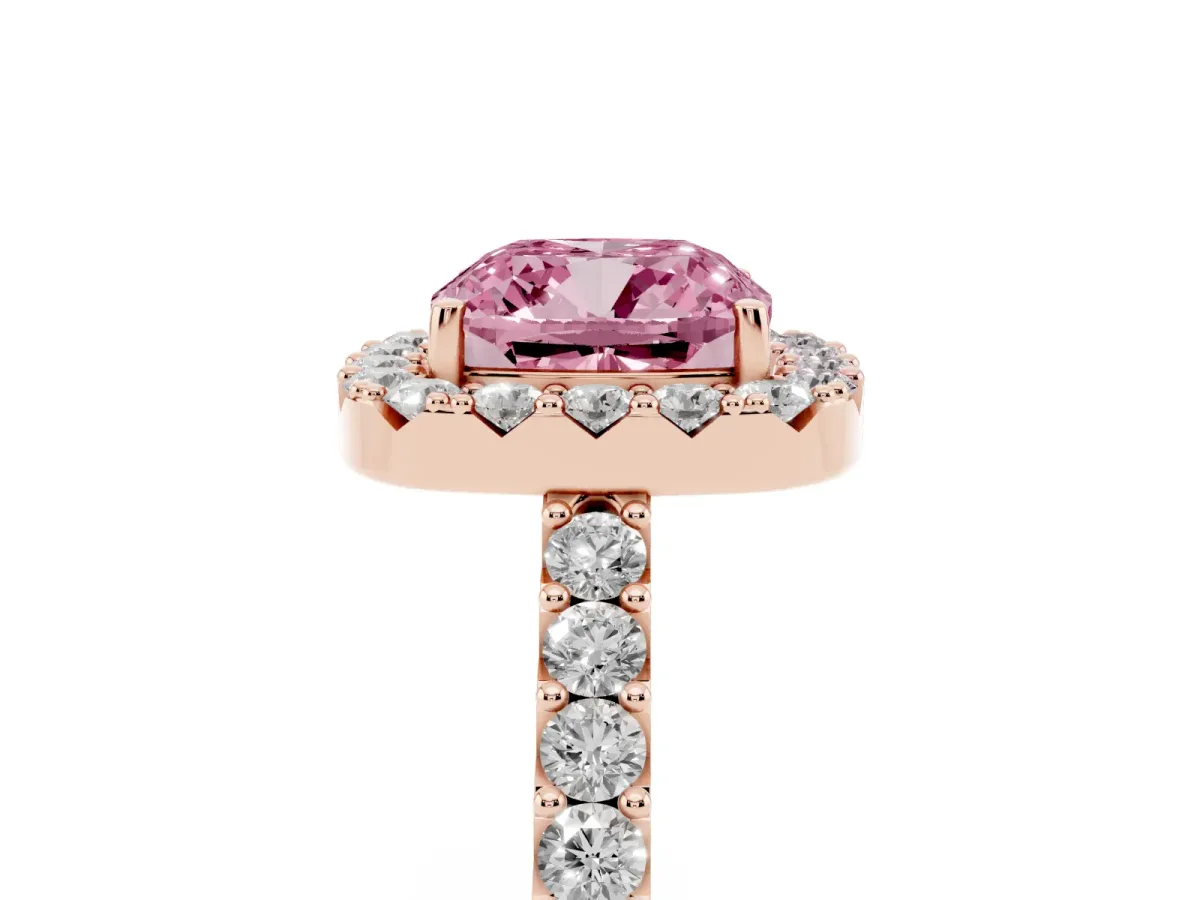 Fancy Pink Cushion Cut Halo Diamond Pavé Solitaire Ring Rose gold