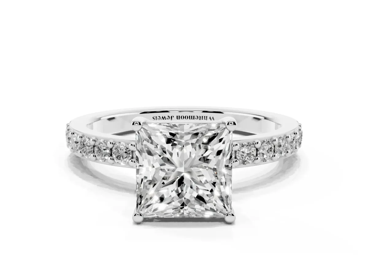 Princess Cut Cut Diamond Solitaire with Pave Band and Four-Prong Setting Platinum