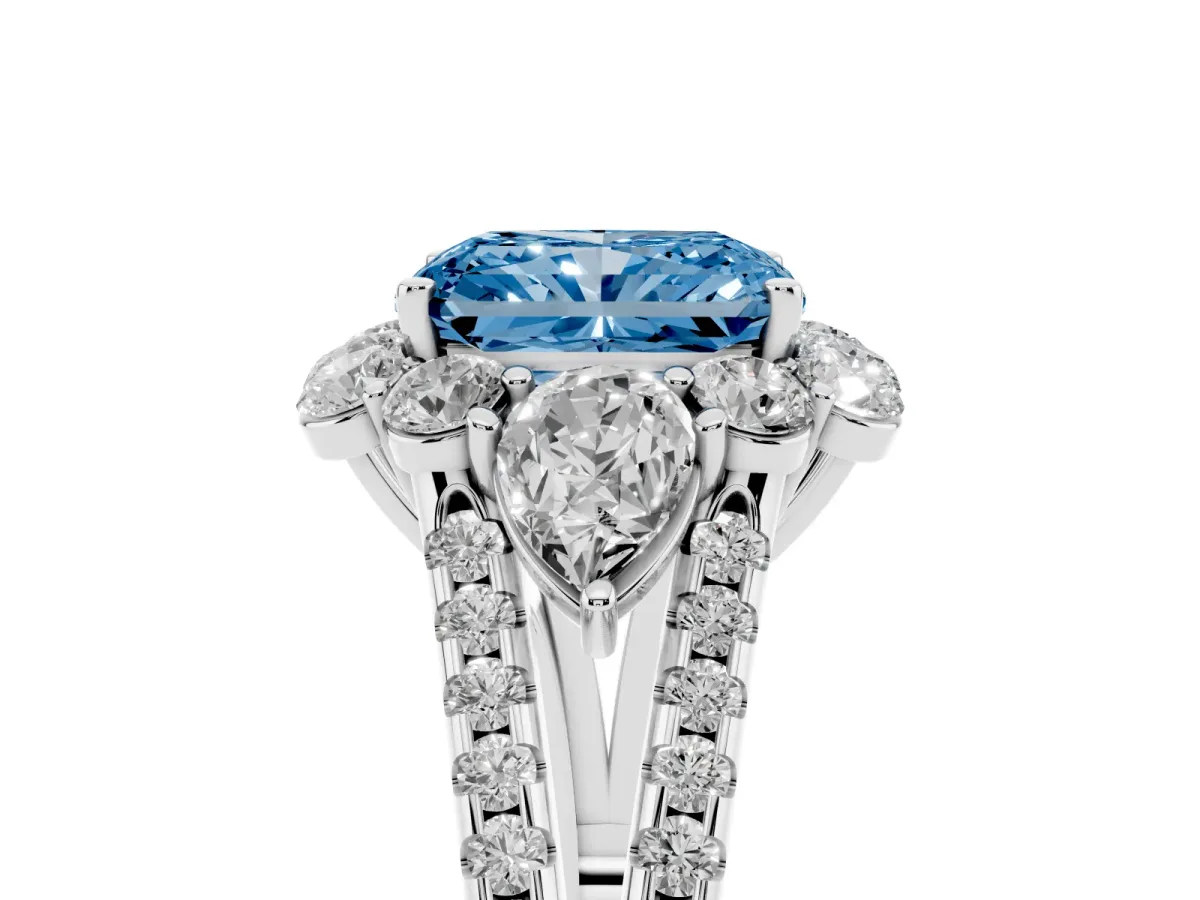 Fancy Blue Radiant Cut Halo Split Shank Diamond Engagement Ring with Prong Setting Silver