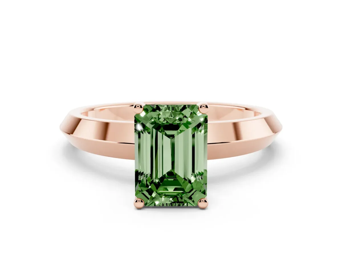 Fancy Green Emerald Cut Cut Solitaire Engagement Ring with Flat Band and Four-Prong Setting Rose gold