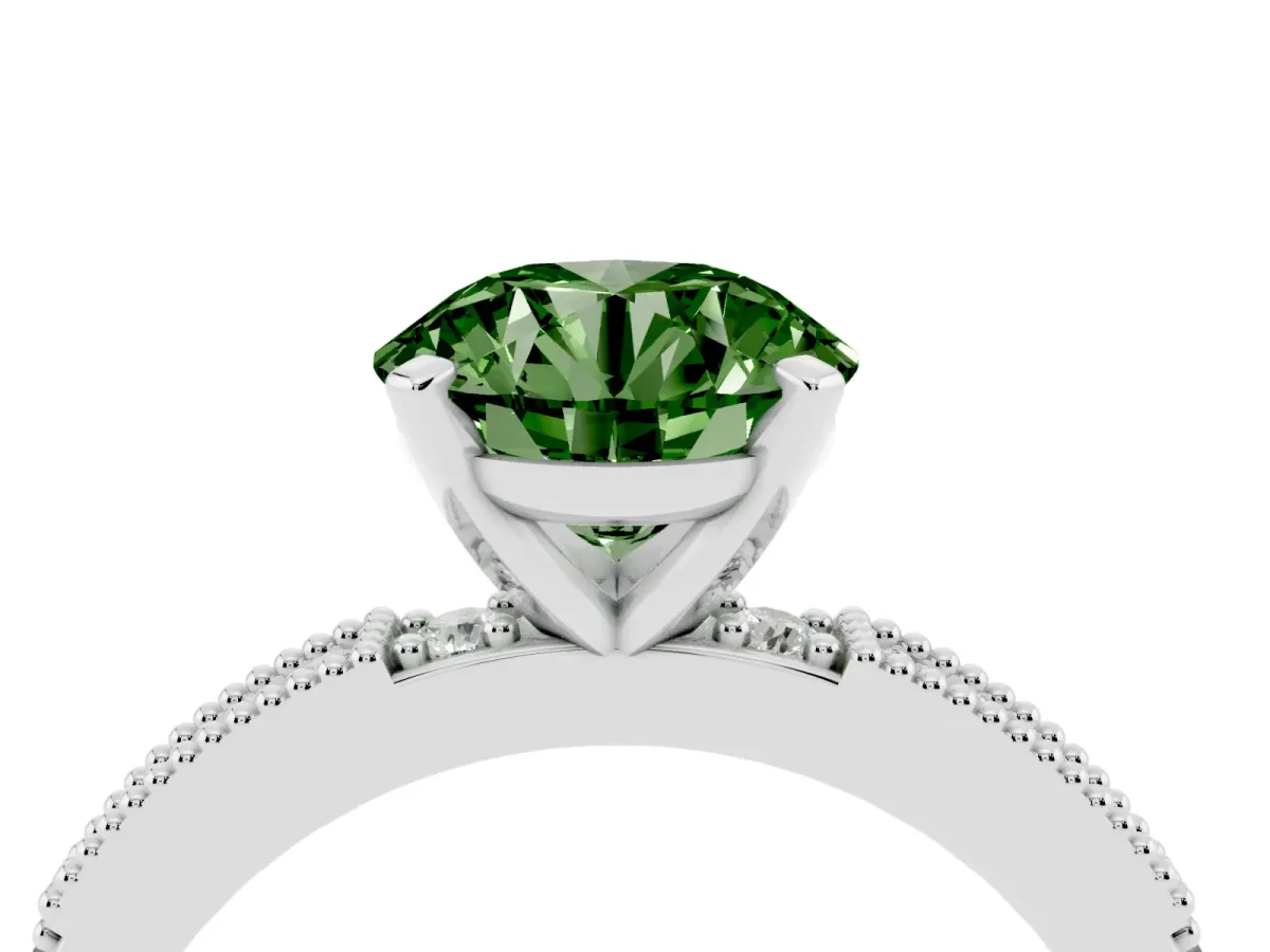 Fancy Green Round Cut Solitaire with Pavé Band and Four-Prong Setting Silver