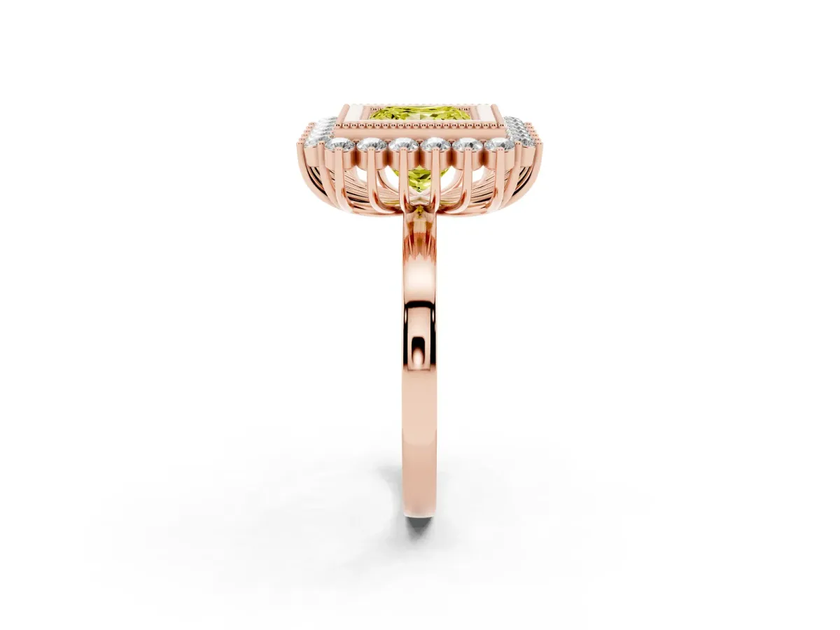 Fancy Yellow Princess Cut Halo Diamond Ring with Milgrain Edge and Round Prong Setting Rose gold