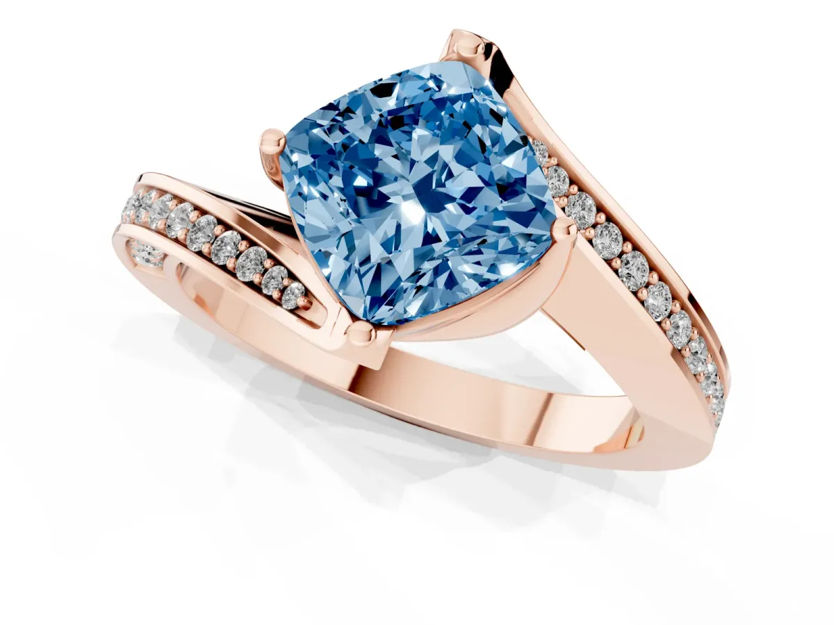 Fancy Blue Cushion Cut Solitaire Diamond Twist Band with Pavé Setting and Four-Prong Setting Rose gold