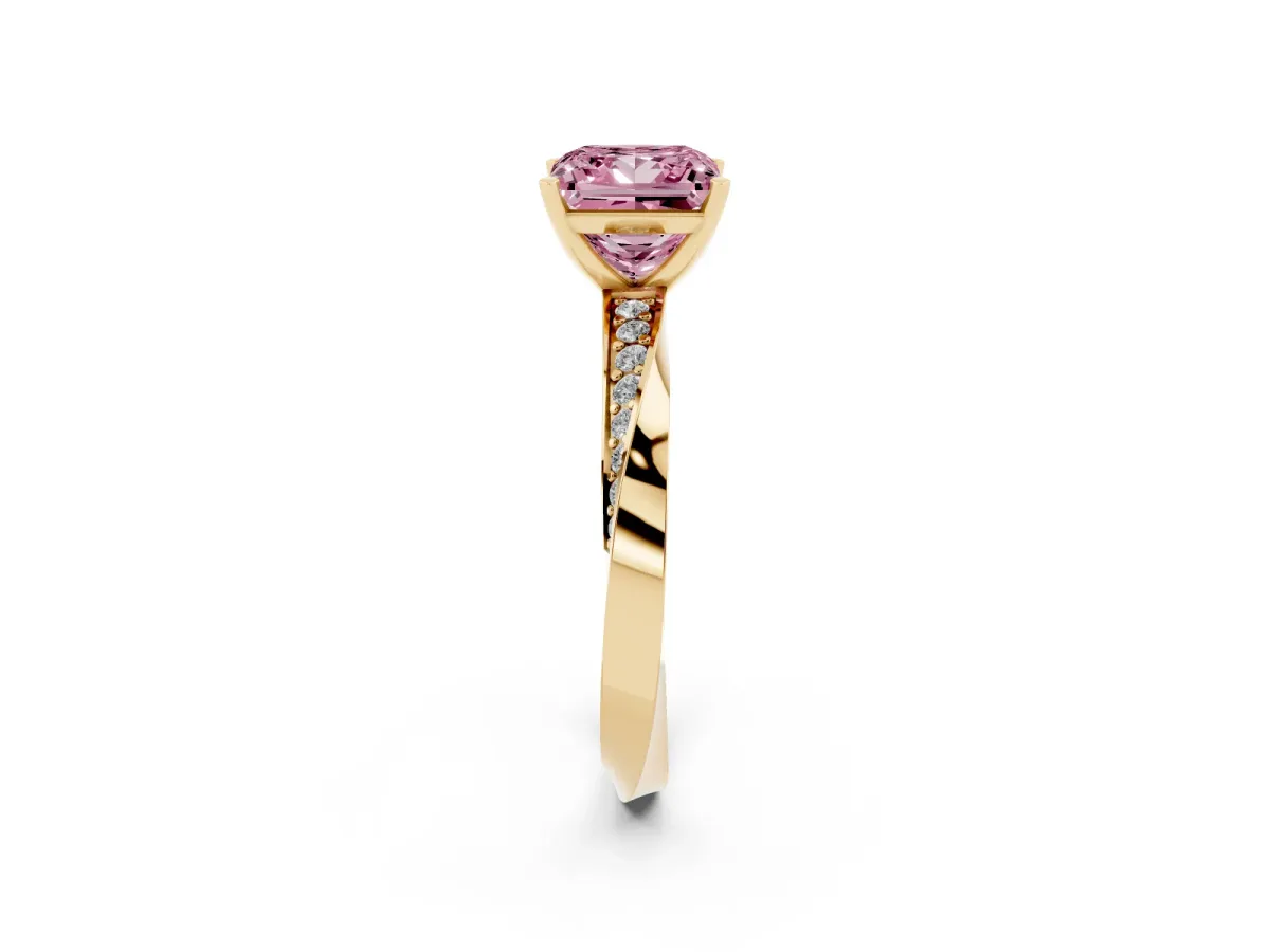Fancy Pink Princess Cut Diamond Engagement Ring with Side Stone Accents and Four-Prong Setting Yellow gold