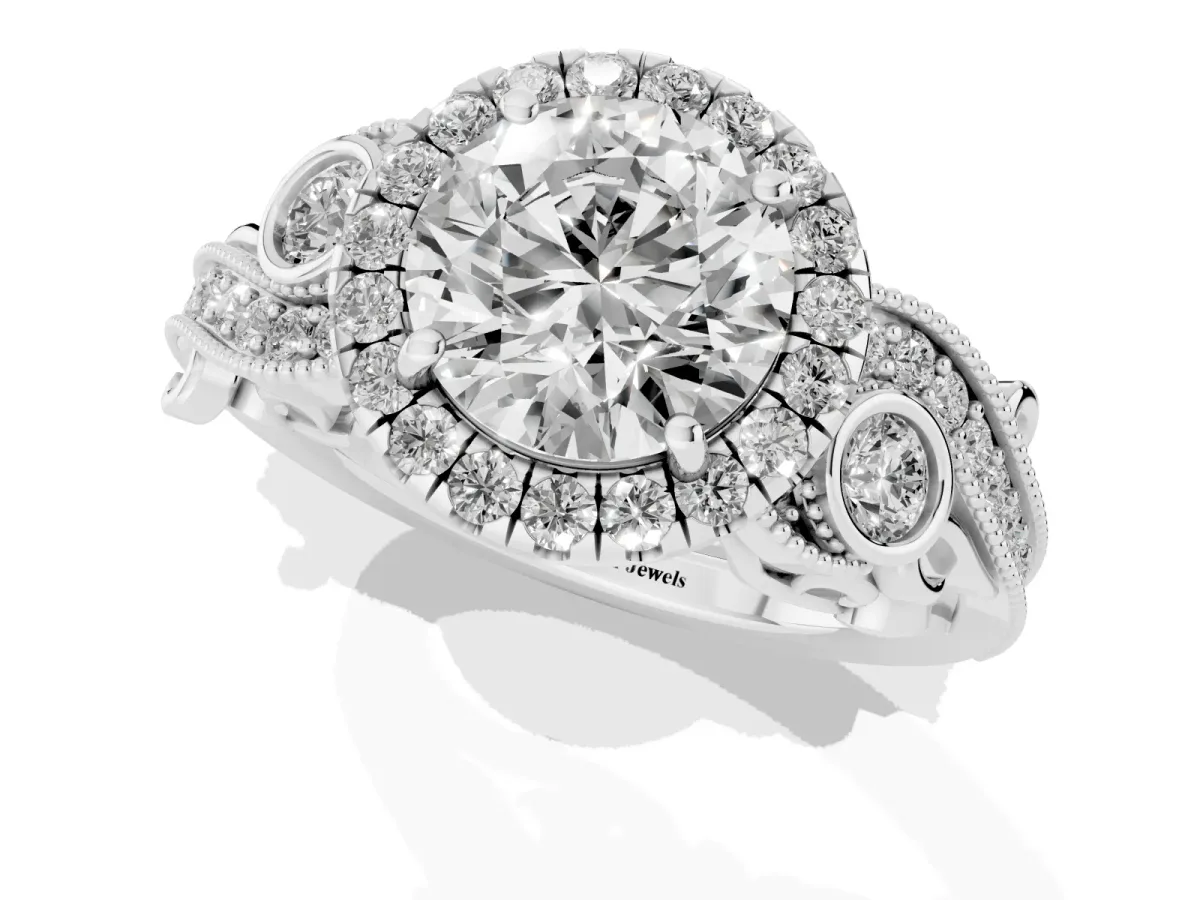 Round Cut Halo Diamond Ring with Milgrain and Bezel Accents on a Split Shank Band White gold